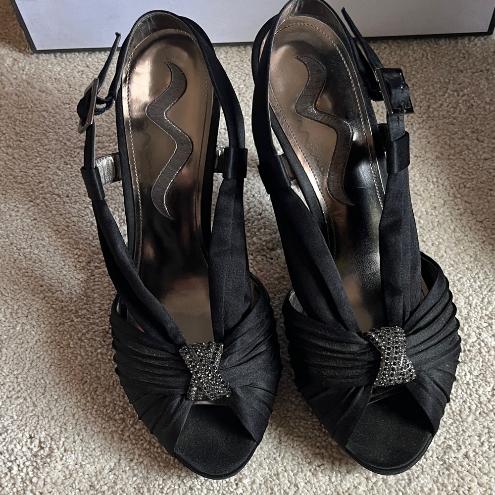 Nina Black Satin Open-Toe Slingback Heels with Rhinestone Accent
